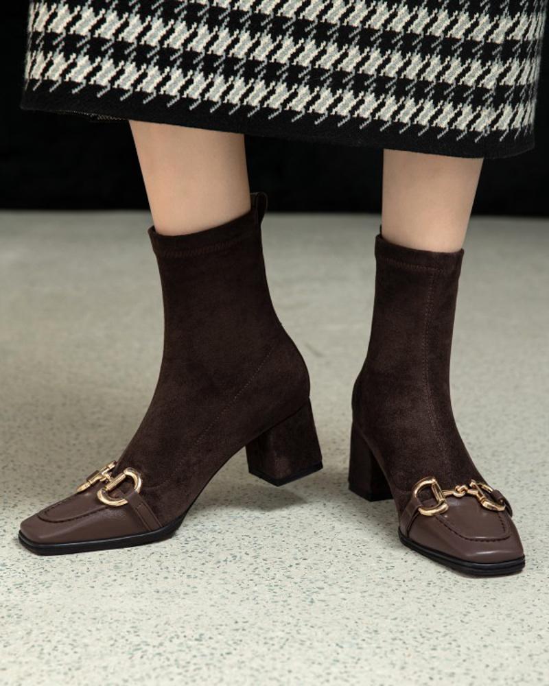 

Womens Square Toe Suede Finish Patchwork Boots, Dark brown