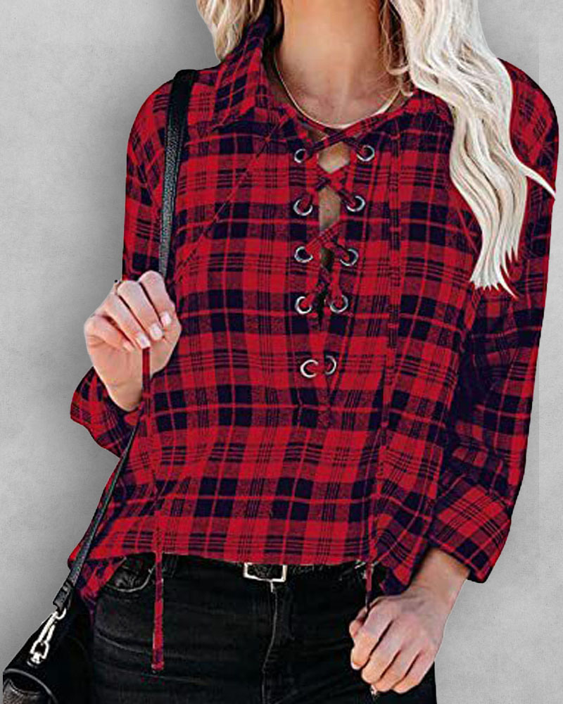 

Plaid Print Grommet Eyelet Lace-up Long Sleeve Top, Red