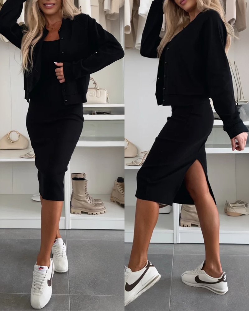 

Ensemble 2 pièces : robe moulante sans manches à col carré et dos fendu, manteau de baseball boutonné sur le devant, Black