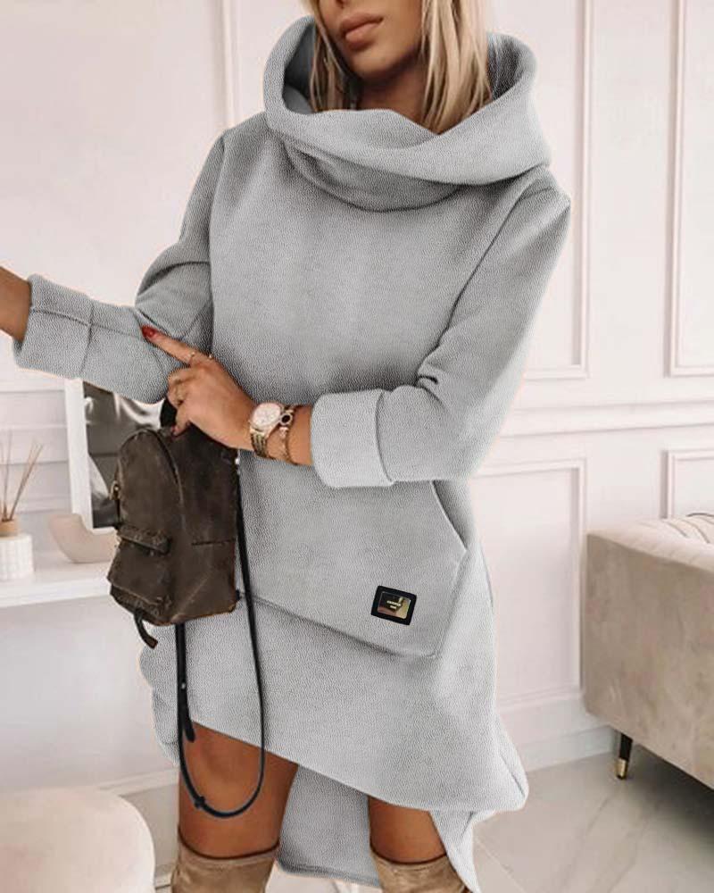 

High Neck Long Sleeve Sweatshirt Casual Dress, Gray