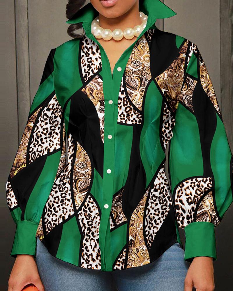 

Leopard Baroque Print Colorblock Buttoned Shirt, Green