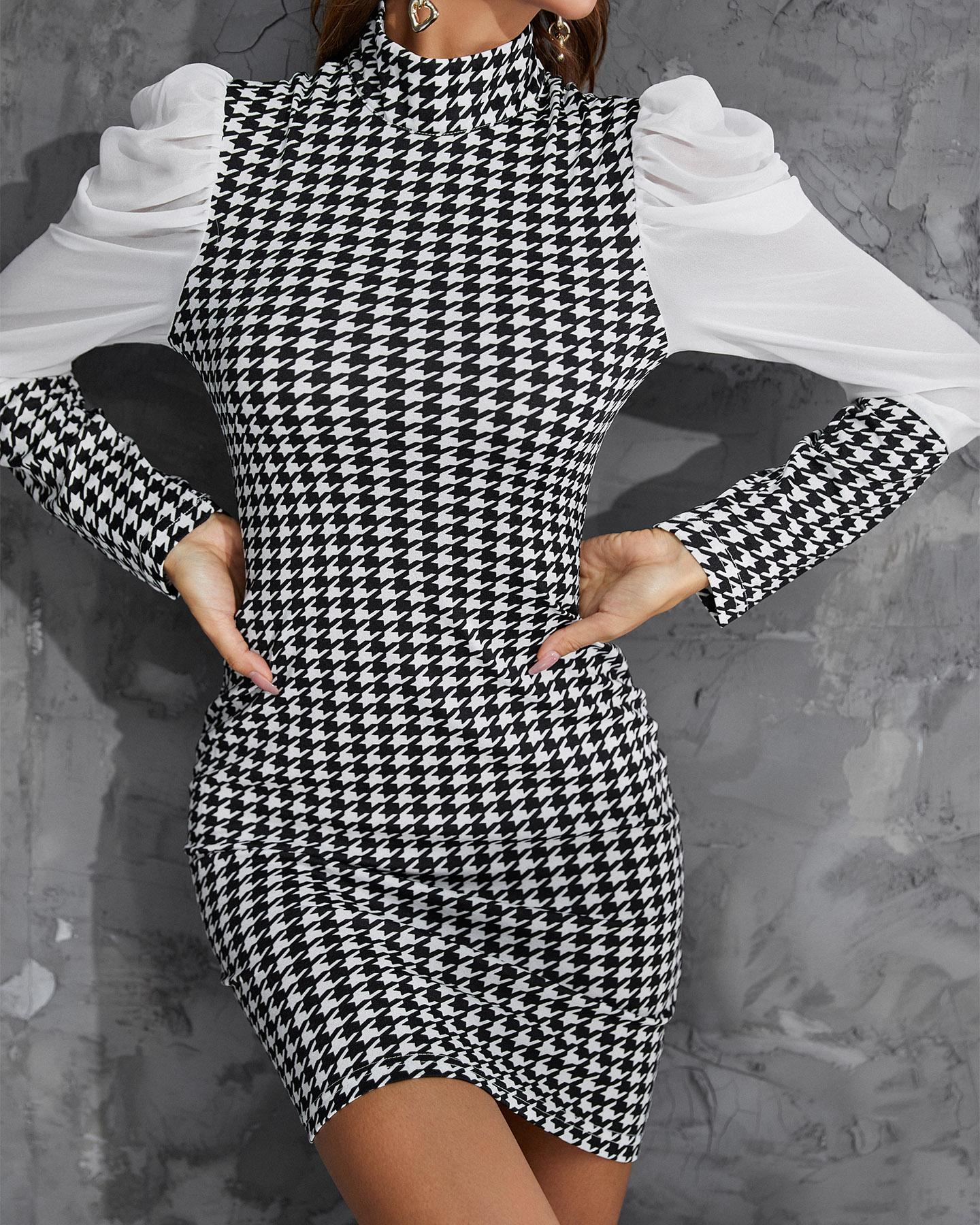 

Mesh Patch Houndstooth Print Puff Sleeve Work Dress, Black