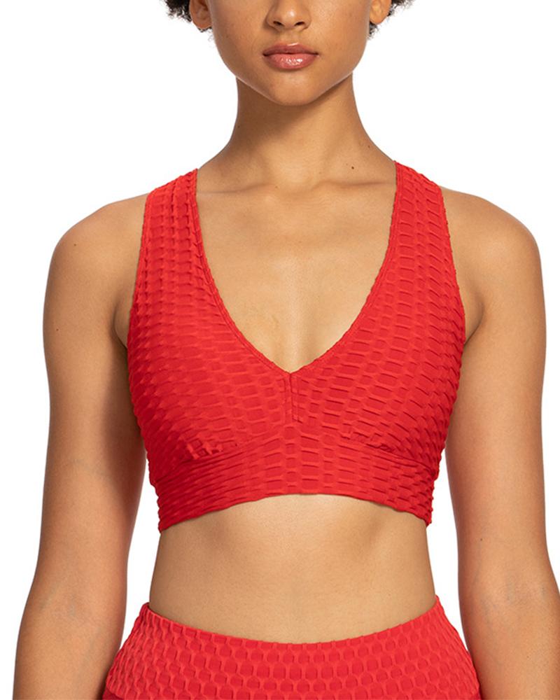 

Plain Sleeveless Hollow-out Jacquard Skinny Sexy Sporty Bras, Red