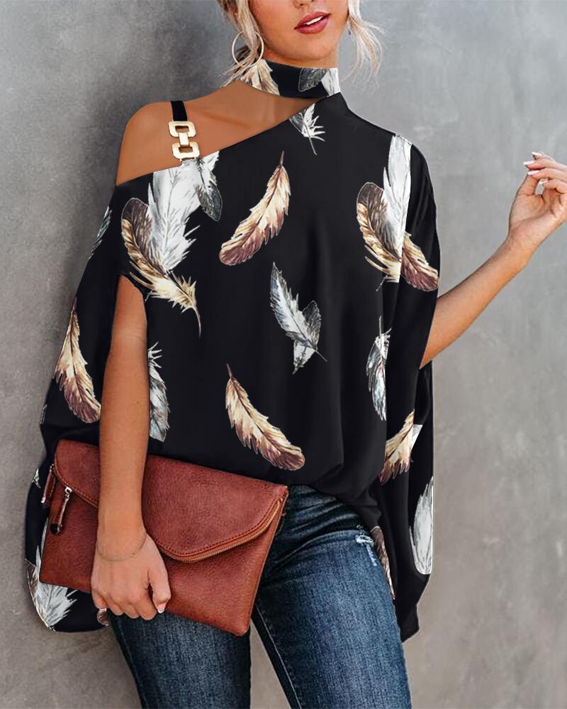 

Feather Print Chain Strap Cold Shoulder Top, Black