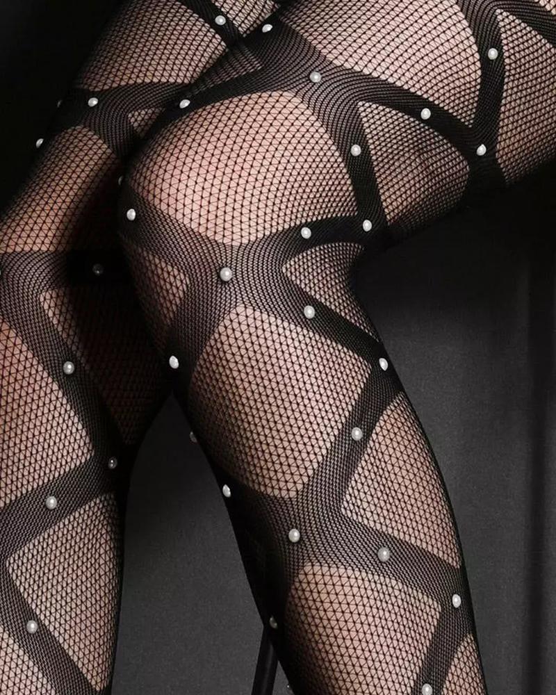

Beaded Criss Cross Fishnet Tights Stockings, Black