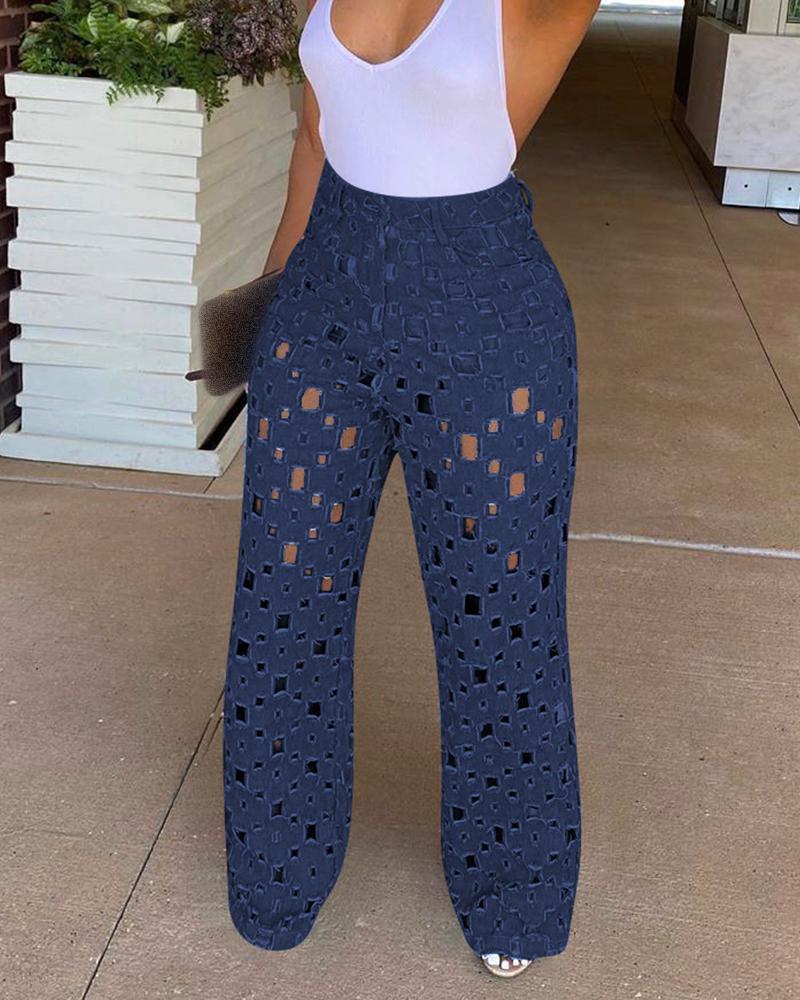 

Hollow-out Design Plain Wide Leg Jeans, Dark blue