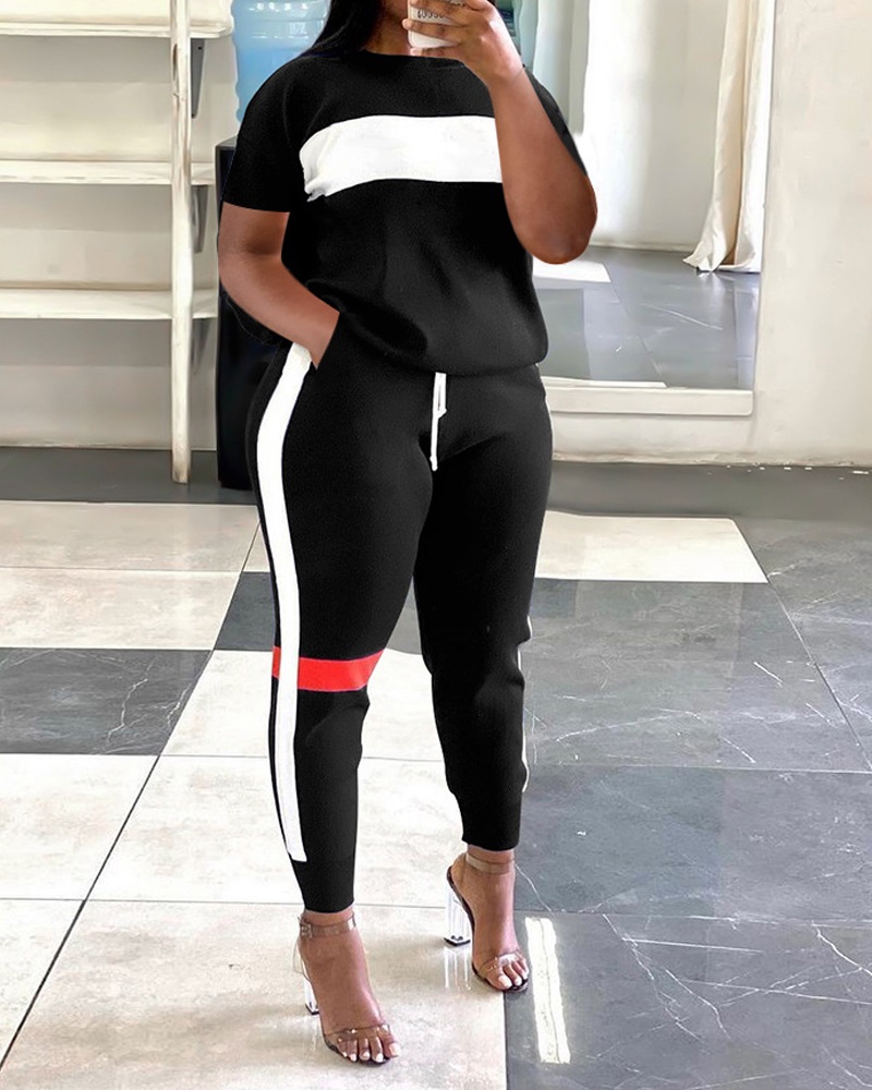 

Colorblock Top & Striped Pants Set, Black