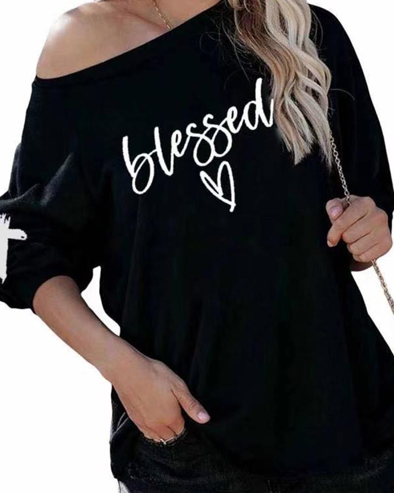

Letter Heart Print Long Sleeve Sweatshirt, Black