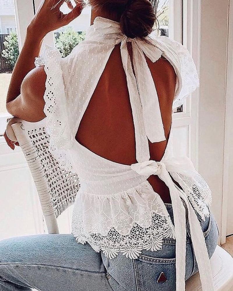 

Lace Trim Backless Plain Blouse, White