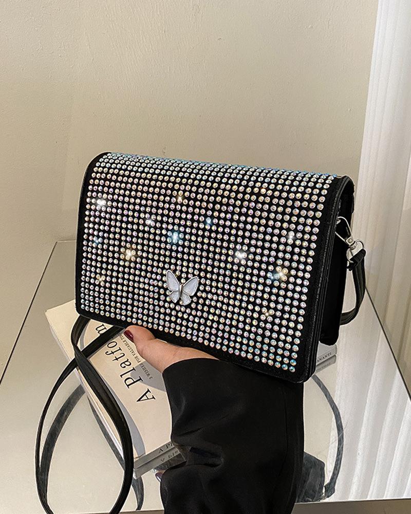 

Rhinestone Butterfly Decor Flap Shoulder Bag, Silver