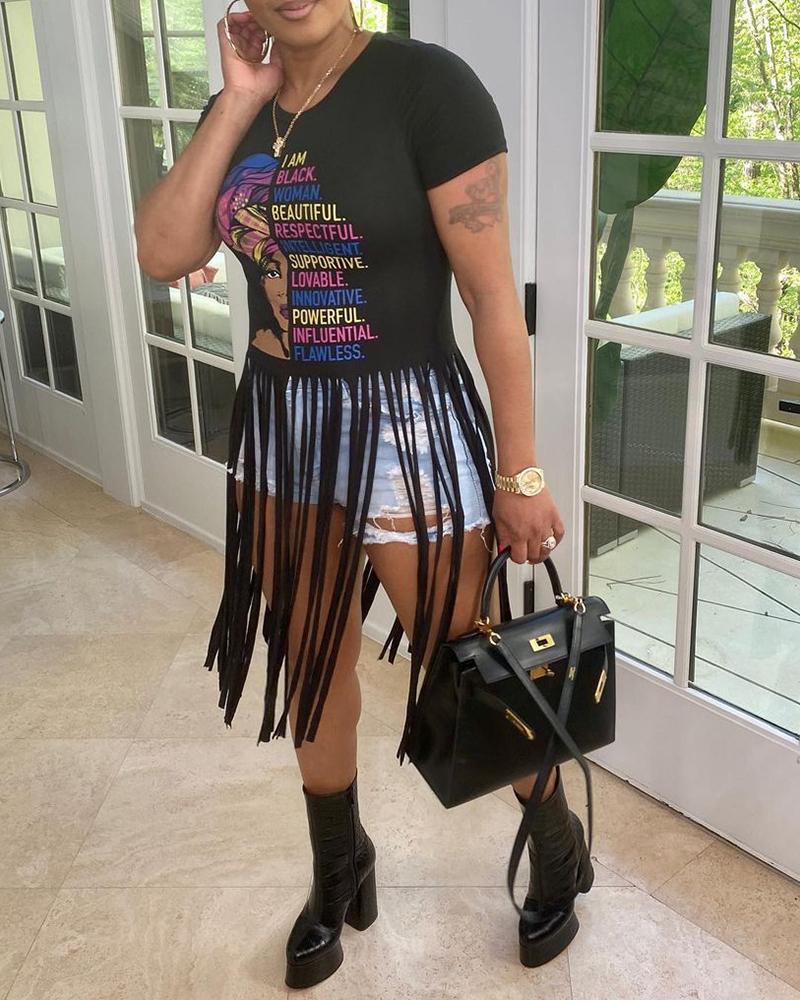 

Letter Figure Print Tassel Design Top, Black