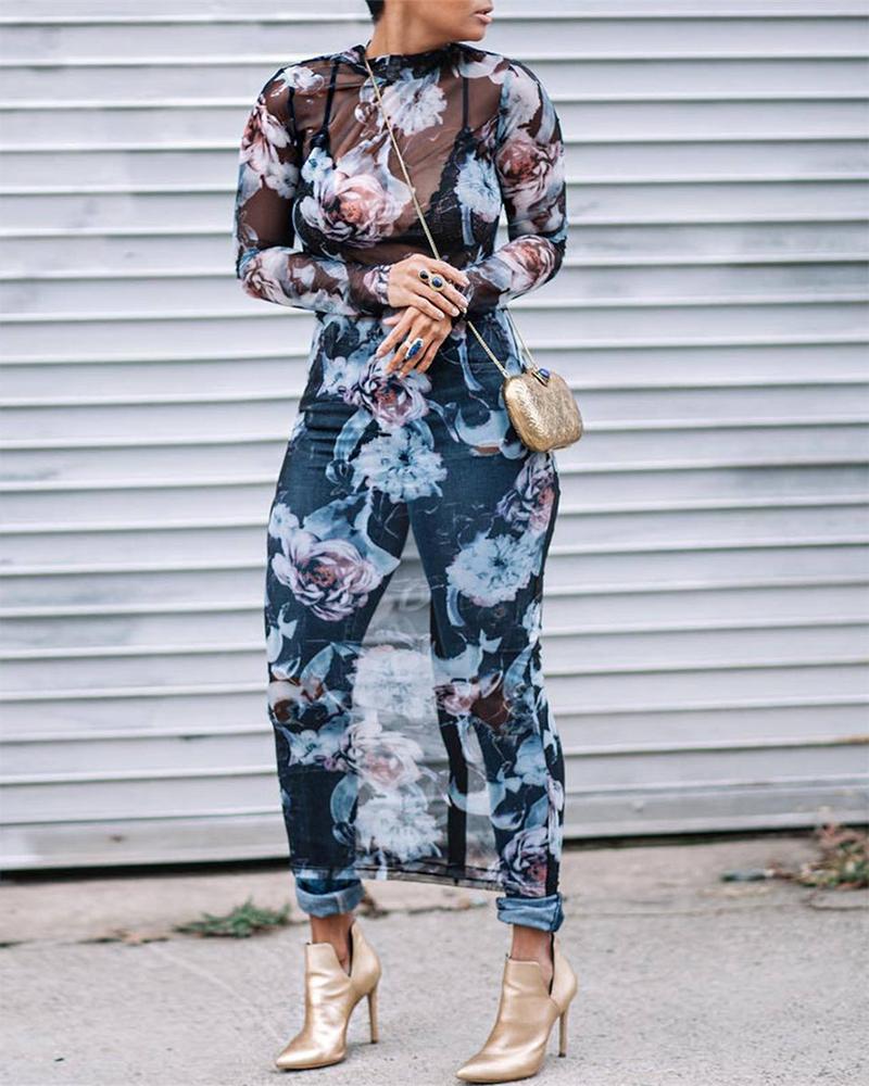 

O-Neck Sheer Mesh Floral Print Bodycon Dress, Blue