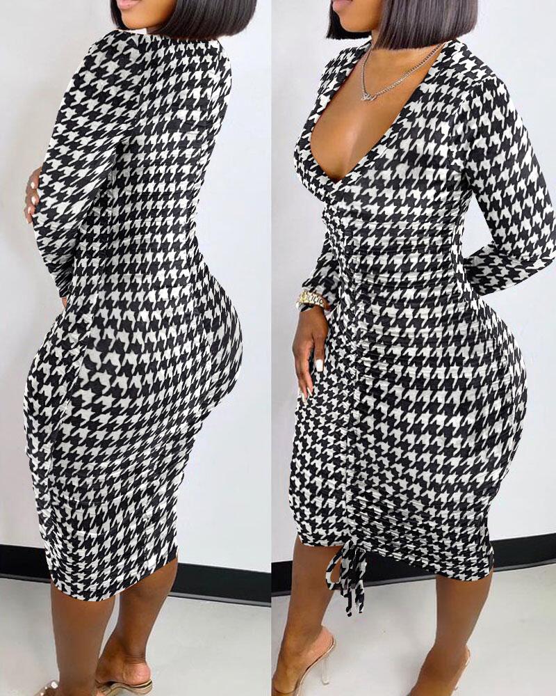 

Houndstooth Print Drawstring Ruched Bodycon Dress, Blackwhite