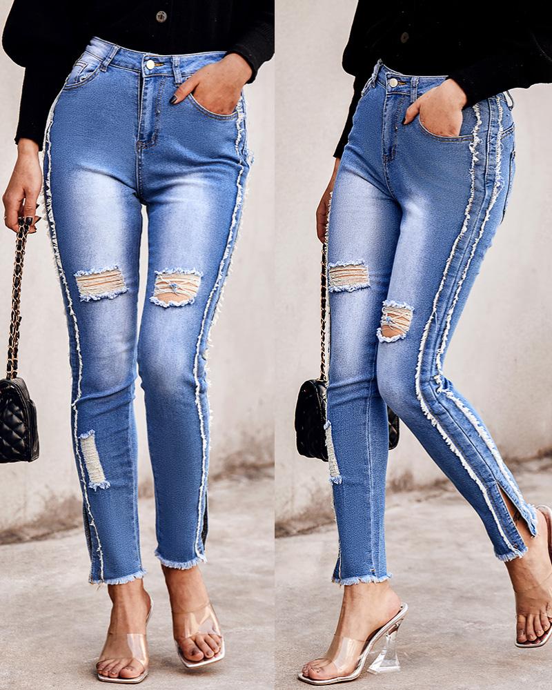 

Zipper Fly Slant Pocket Ripped Raw Hem Skinny Jeans, Blue