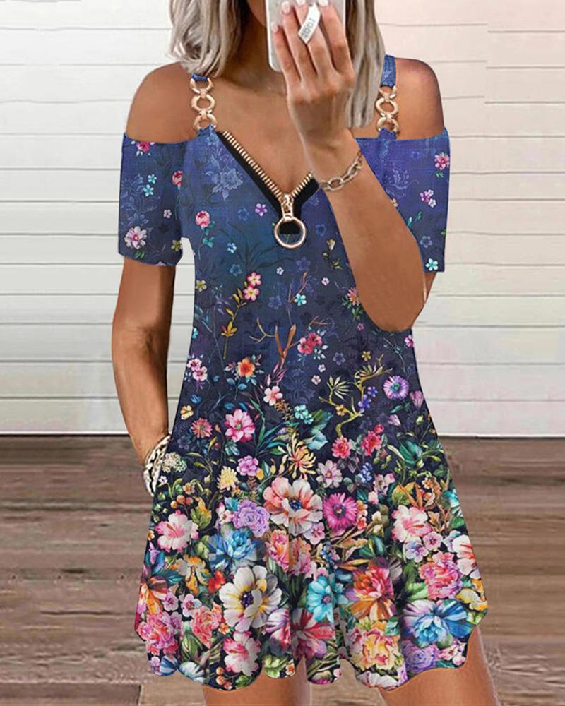 

Floral Print Cold Shoulder Pocket Design Dress, Blue