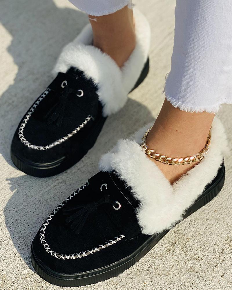 

Eyelet Fuzzy Trim Snow Boots, Black