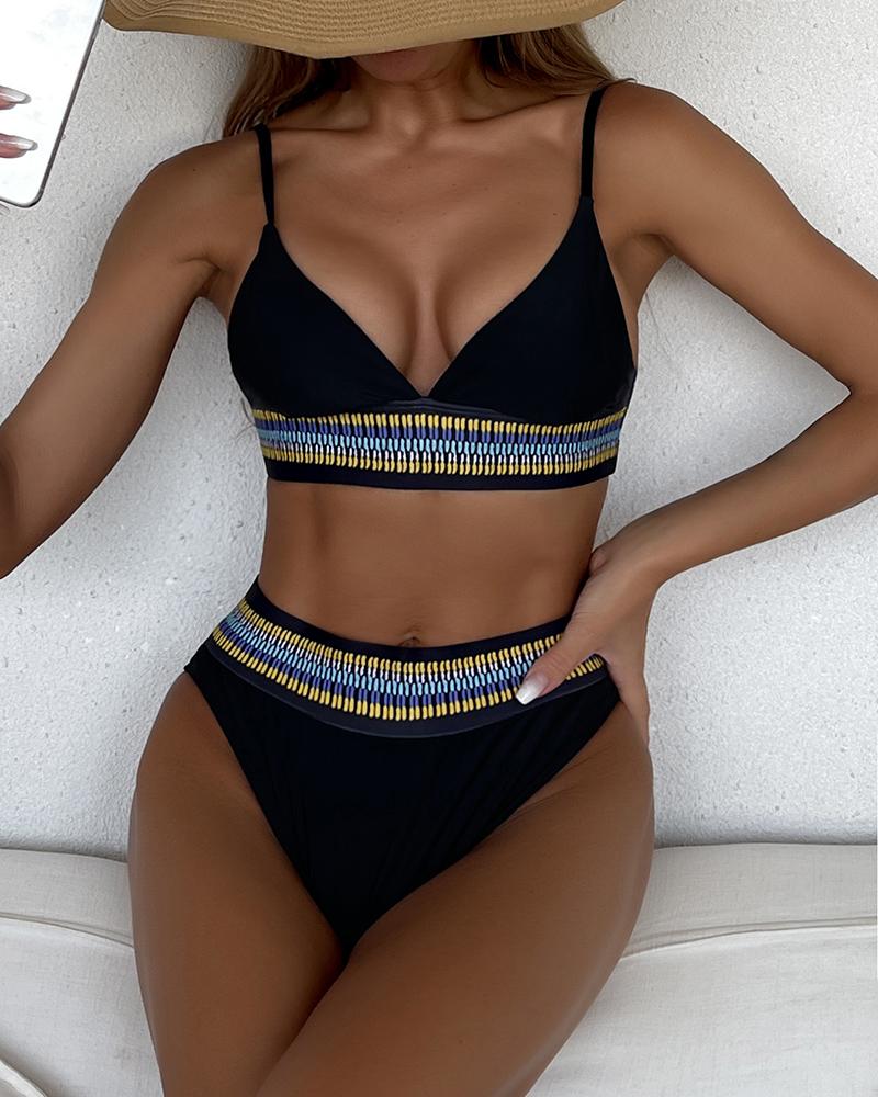 

Spaghetti Strap Graphic Print Bikini Set, Black