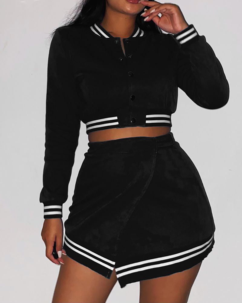 

Buttoned Striped Baseball Jacket & Slit Skirt Set, Black