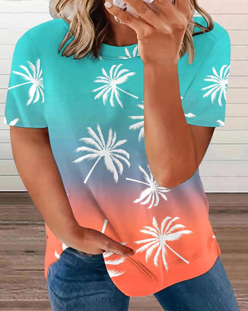 

Plus Size Coconut Tree Print Ombre Casual T-Shirt, Multicolor