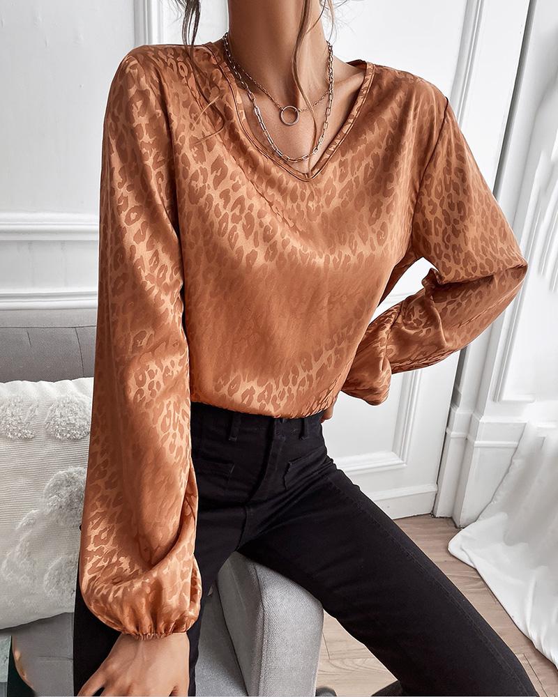 

Cheetah Print Lantern Sleeve Top, Brown