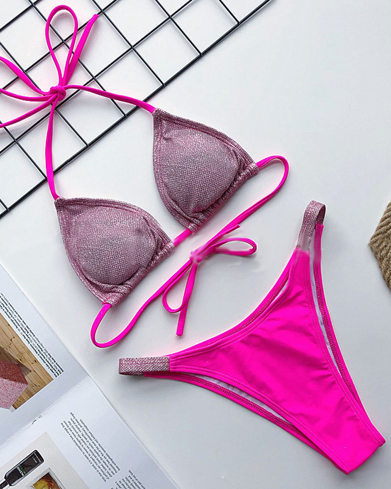 

Glitter Halter Bikini Set, Hot pink