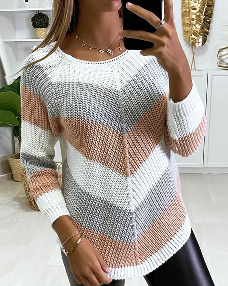 

Chevron Pattern Colorblock Long Sleeve Knit Sweater, Pink