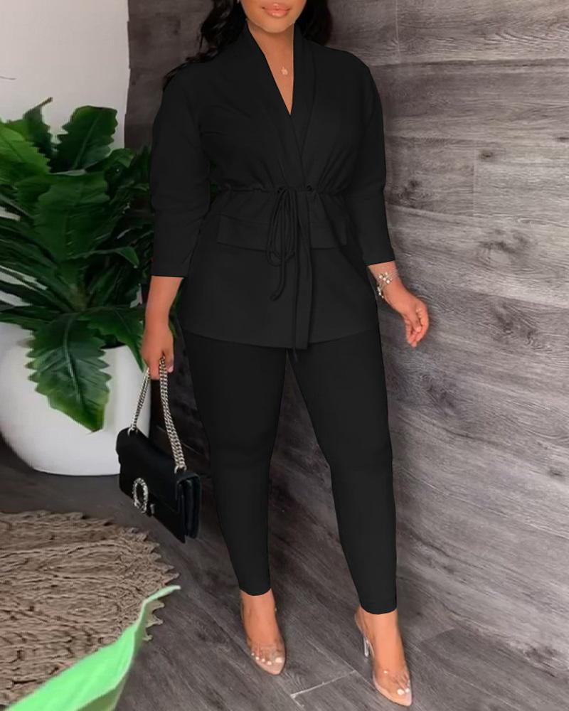 

Plus Size Drawstring Blazer Coat & High Waist Pants Set, Black