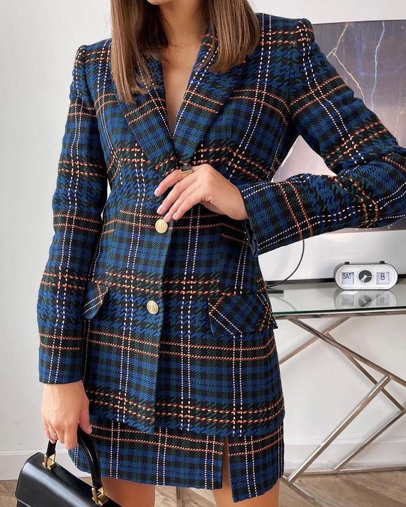 

Plaid Print Button Pocket Design Coat & Slit Skirt Set, Multicolor