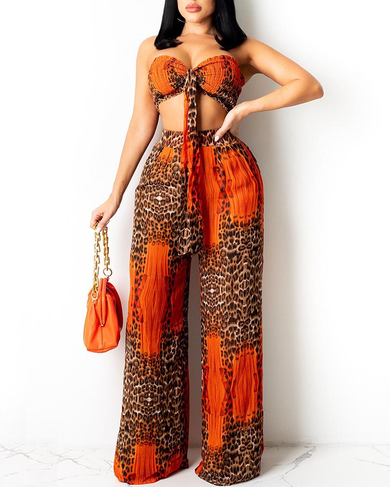 

Leopard Print Shirred Tie Front Bandeau Top & Pants Sets, Multicolor