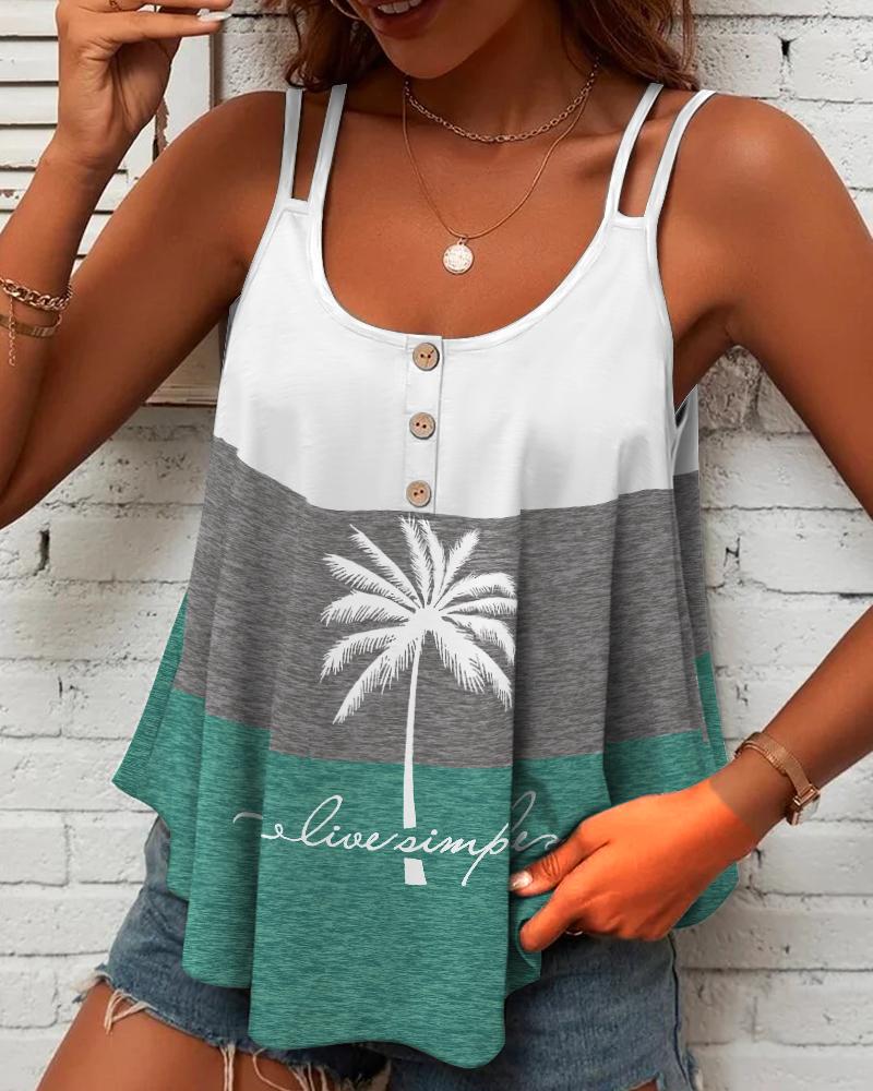 

Live Simple Coconut Tree Print Striped Colorblock Double Strap Tank Top, Multicolor