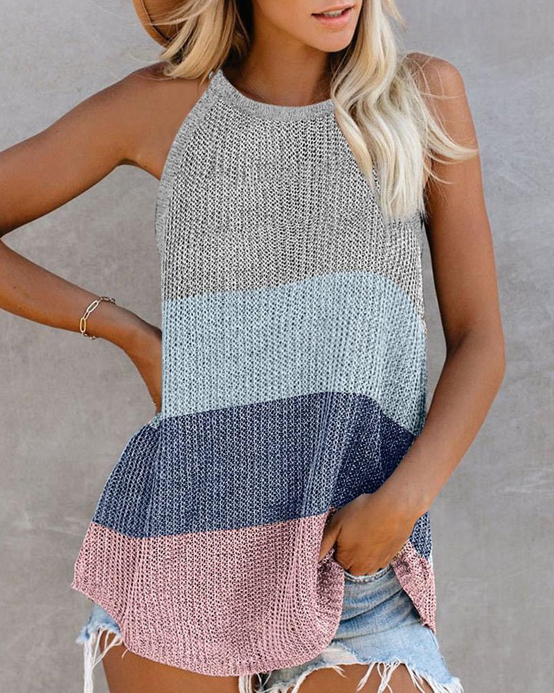 

Colorblock/Plain Knitted Top Women Sleeveless U-Neck Cami Patchwork Casual Skinny Sport Tank Top, Gray
