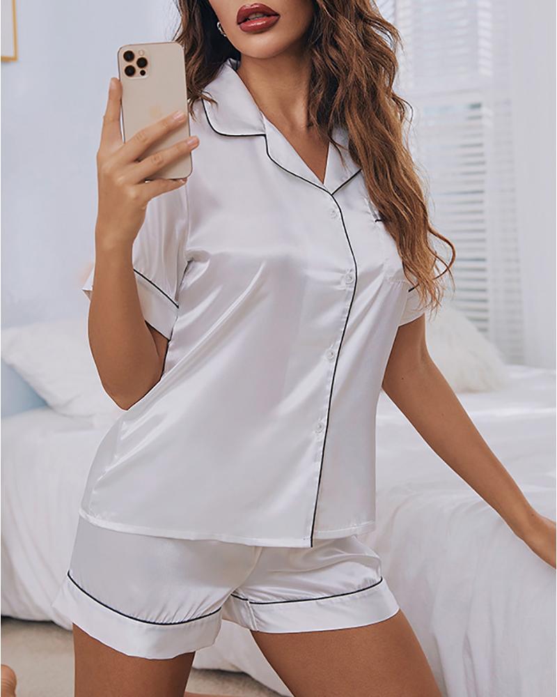 

Contrast Binding Button Design Satin Pajamas Set, White