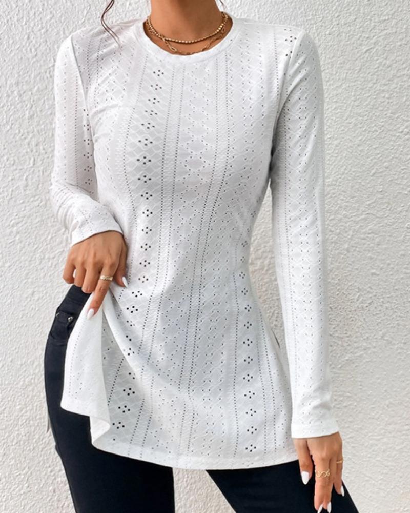 

Long Sleeve Eyelet Embroidery Slit Top, White
