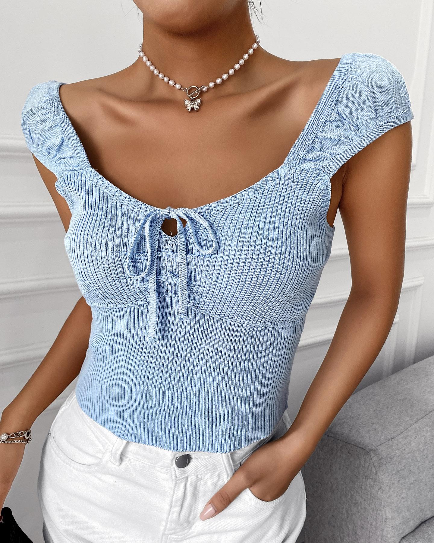 

Plain Plunge Short Sleeve Top, Blue