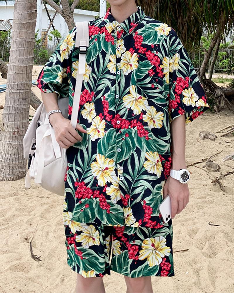 

Multicolor Floral Print Short Sleeve Button-up Shirts With Shorts Suit Sets