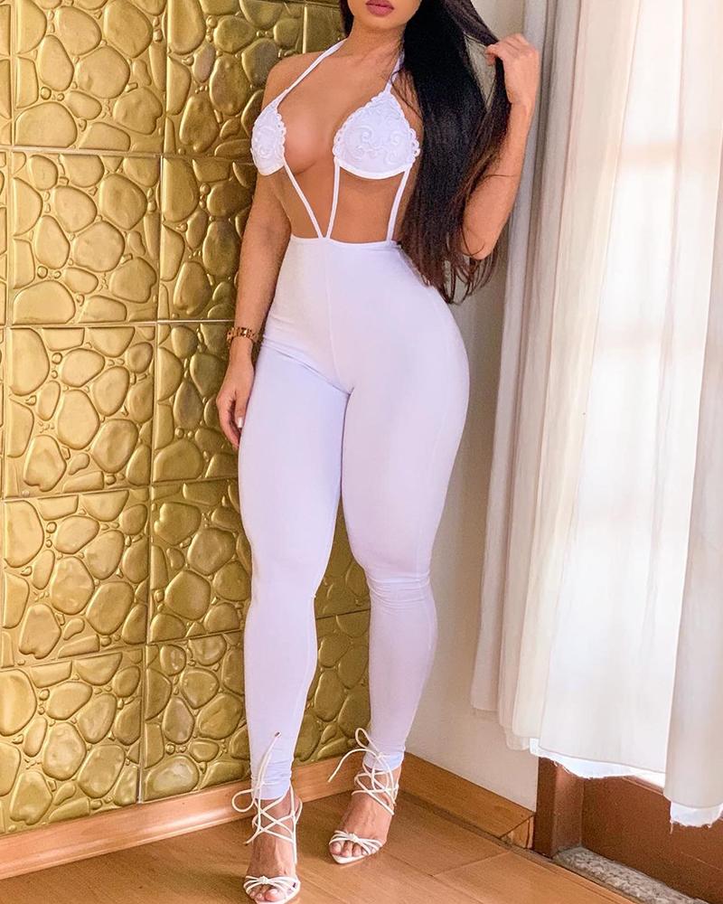 

Lace Patch Sheer Mesh Cutout Backless Jumpsuit, White