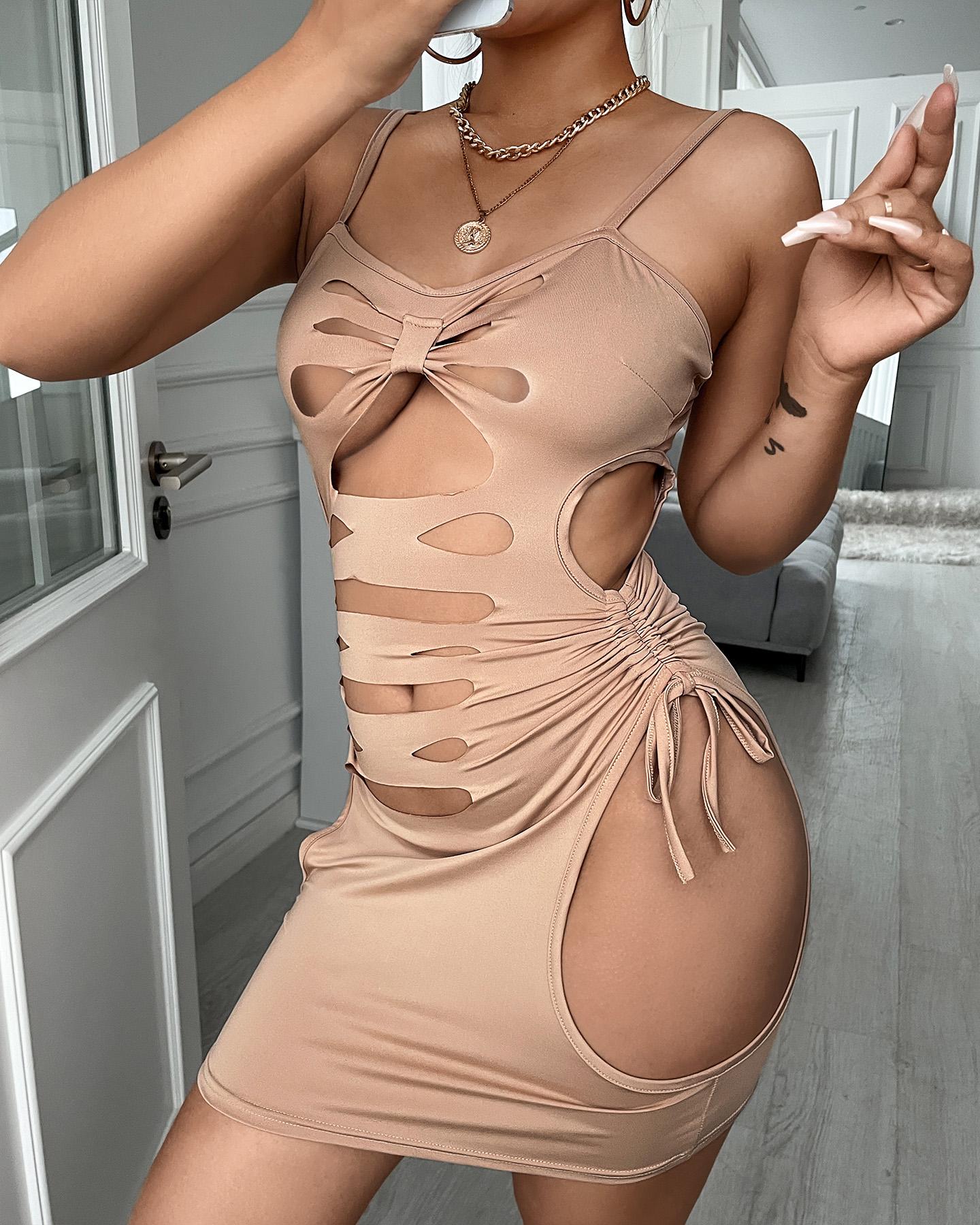 

Cut-Out Drawstring Ruched Bodycon Cami Dress, Brown