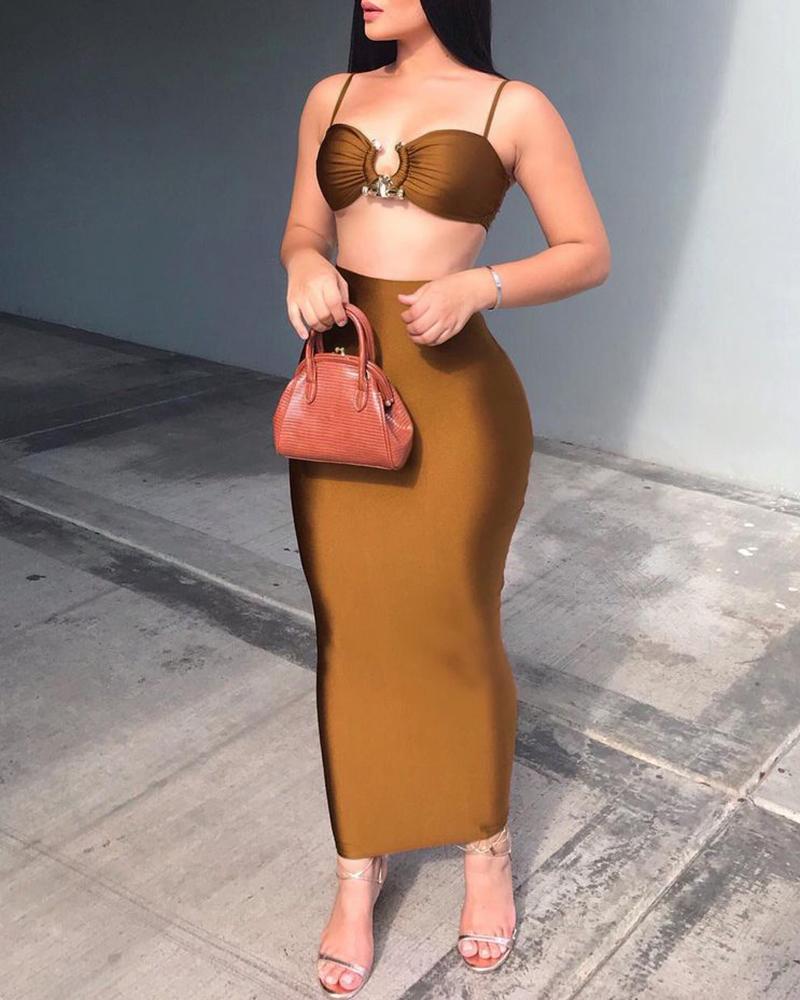 

O-Ring Ruched Crop Top & Maxi Skirt Set, Dark brown
