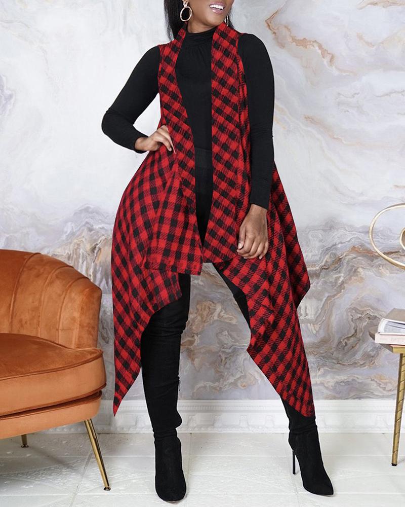 

Plaid Print Asymmetrical Vast Coat, Red