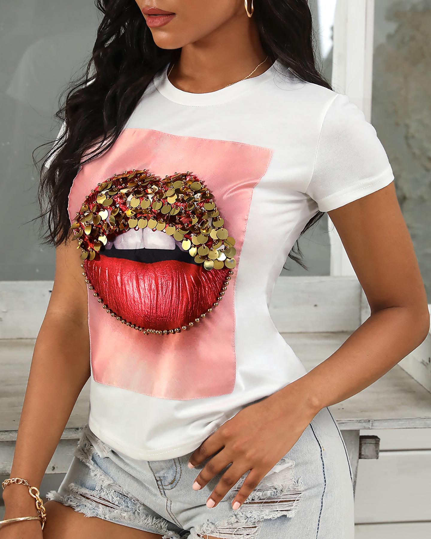 

Lip Print Short Sleeve Casual T-Shirt, White