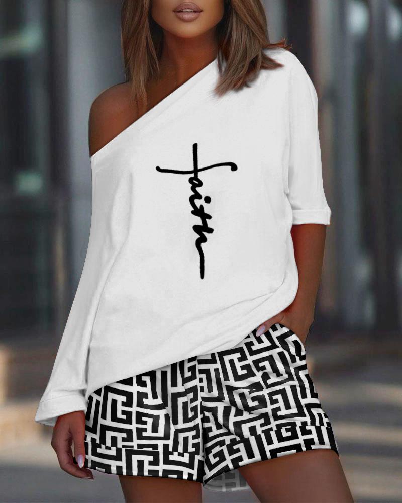 

Faith Geometric Print Casual Top & Shorts Set, Blackwhite
