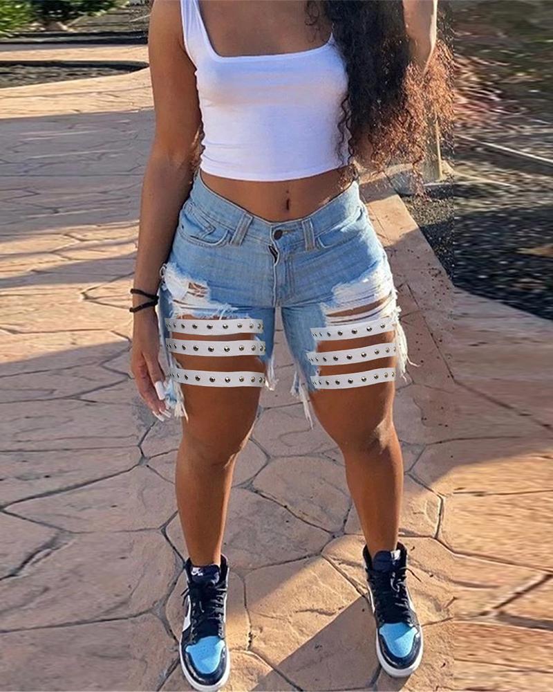 

Solid Slim Cut-out Studded Denim Shorts, Blue