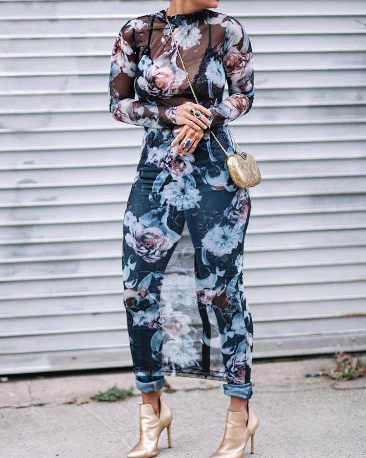 

See Through Floral Print Bodycon Mesh Dress, Blue