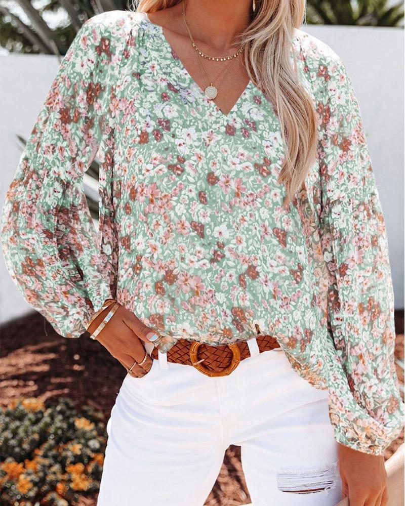 

Floral Print Lantern Sleeve Chiffon Top, Green