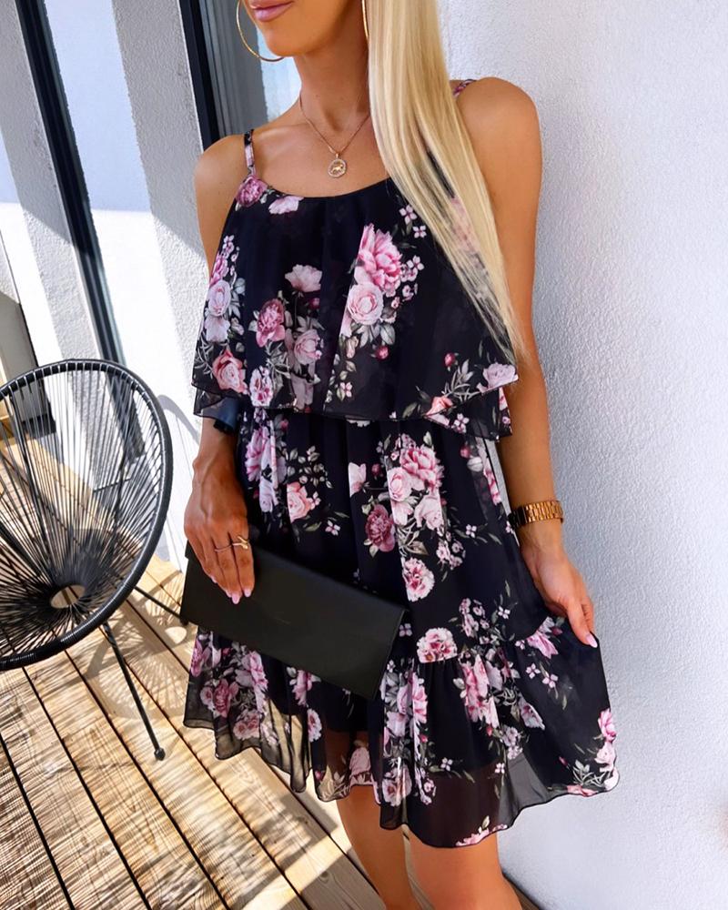 

Floral Print Layered Ruffles Casual Dress, Black