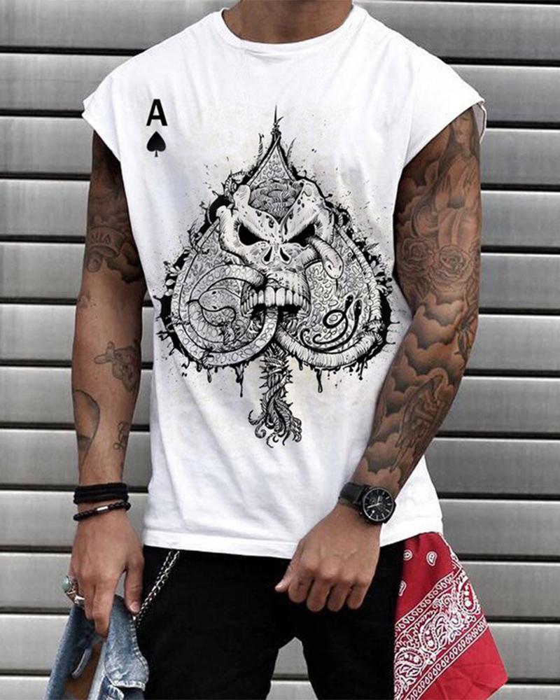 

Poker Punk Patterns Print Sleeveless Loose Tanks, White