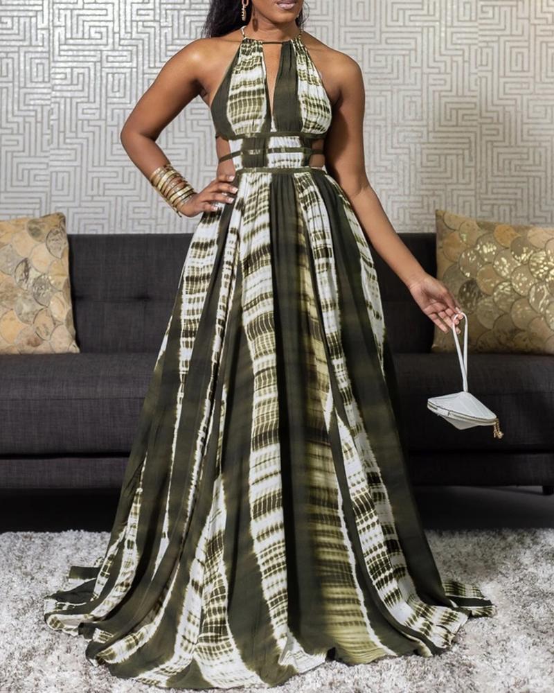 

Halter Cutout Waist Tie Dye Print Backless Maxi Dress, Green