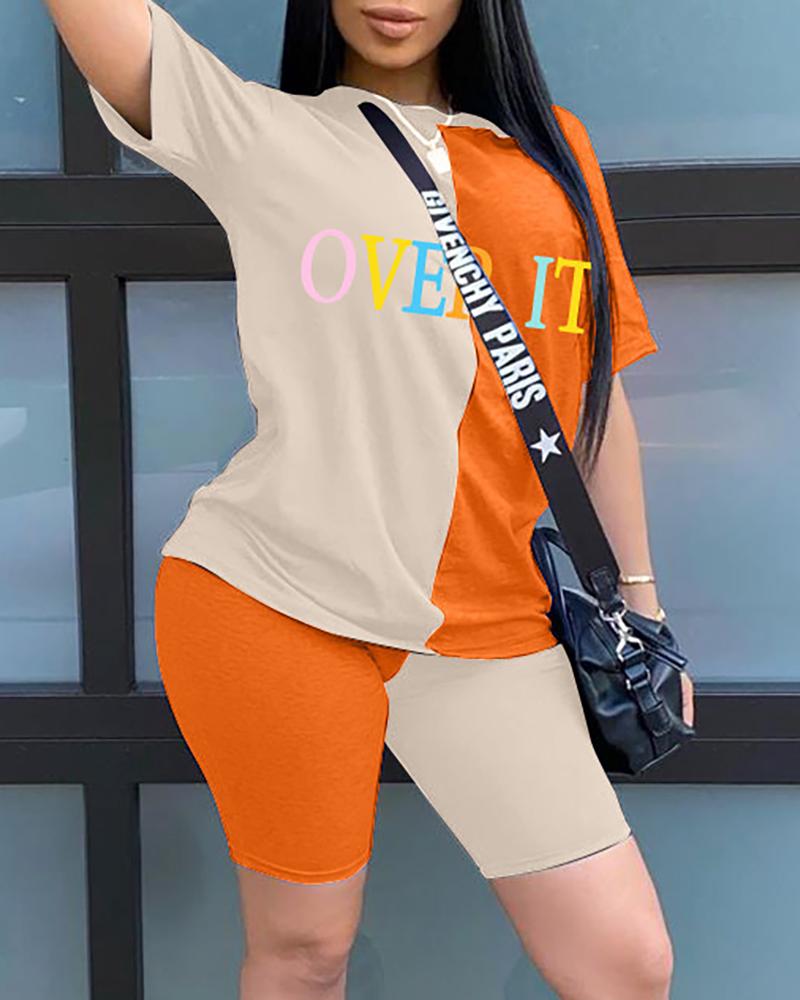 

Colorblock Letter Print Top & Shorts Set, Orange