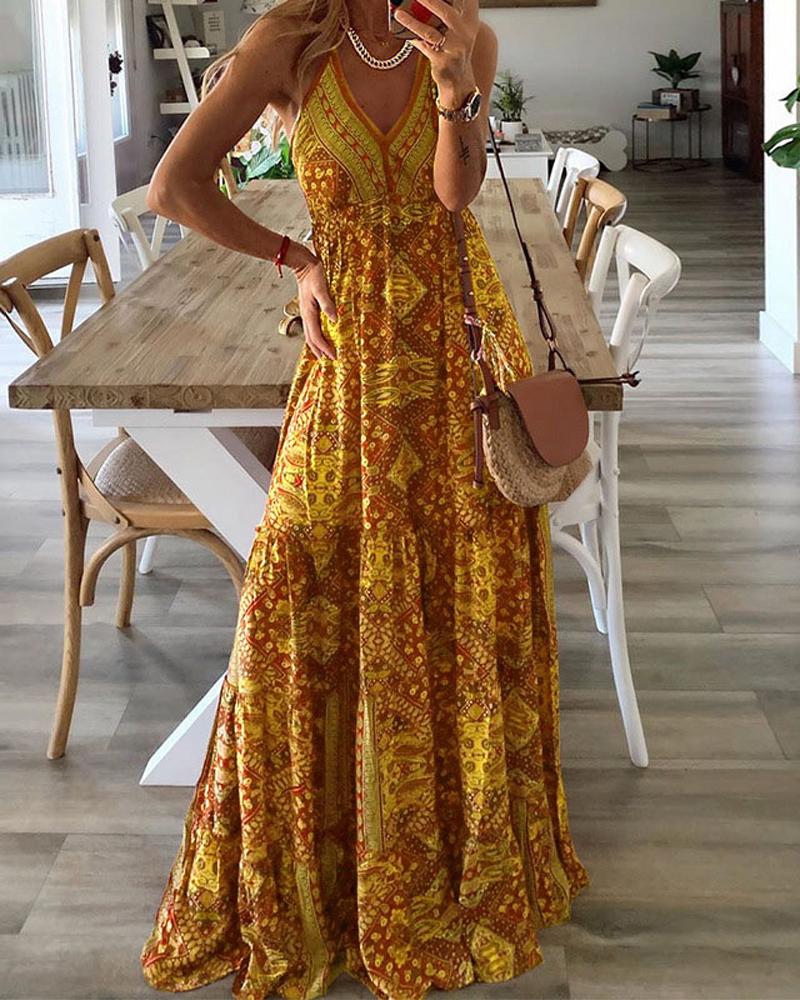 

Scarf Tribal Print Sleeveless Maxi Dress, Yellow