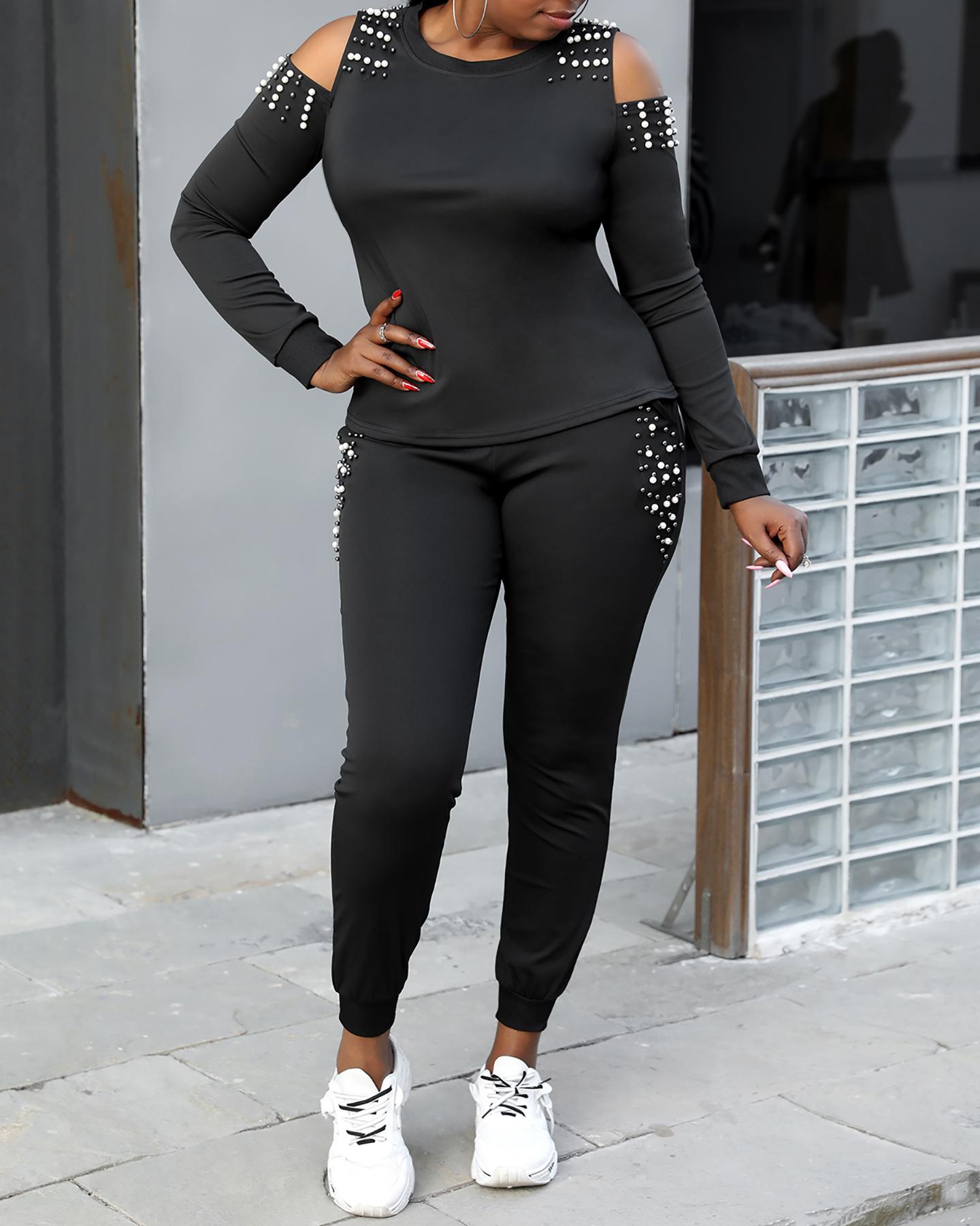 

Cold Shoulder Beaded Top & Pants Set, Black